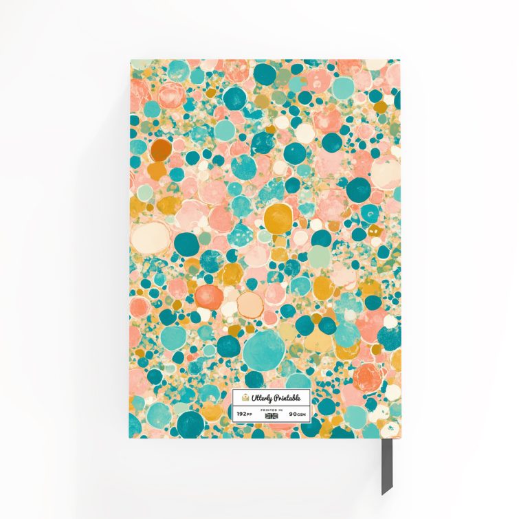 Colourful abstract design for portrait orientation notebooks with two sections for text and one photo placeholder, ideal for creative journaling and personalised gifts.