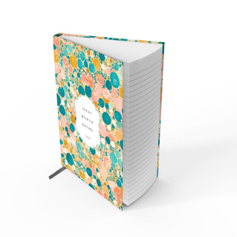 Colourful abstract design for portrait orientation notebooks with two sections for text and one photo placeholder, ideal for creative journaling and personalised gifts.