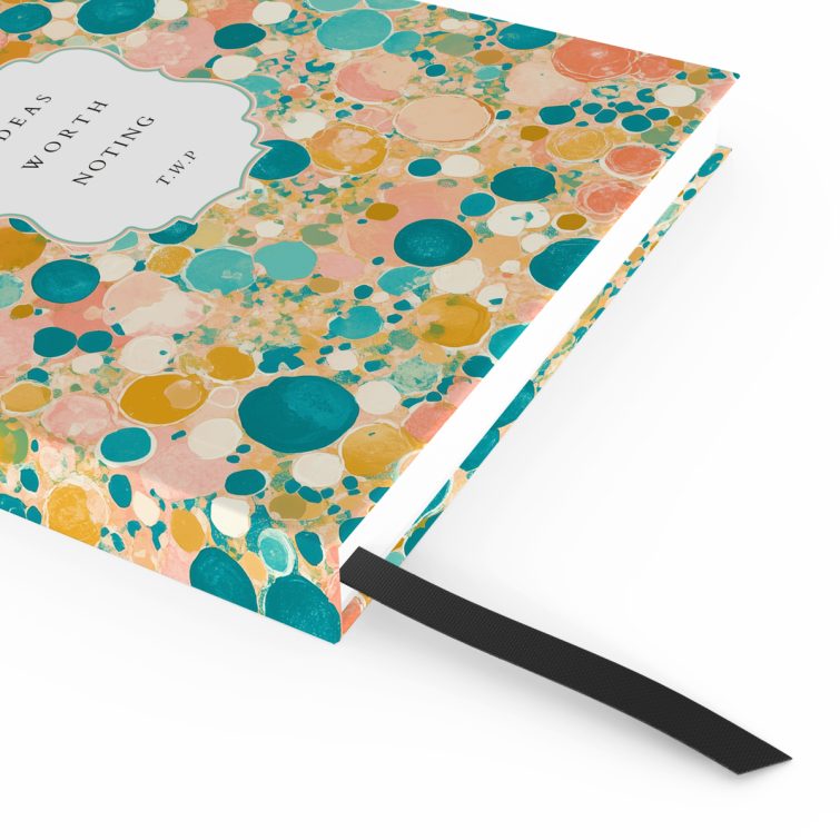 Colourful abstract design for portrait orientation notebooks with two sections for text and one photo placeholder, ideal for creative journaling and personalised gifts.