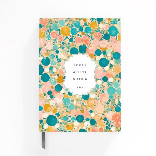 Colourful abstract design for portrait orientation notebooks with two sections for text and one photo placeholder, ideal for creative journaling and personalised gifts.