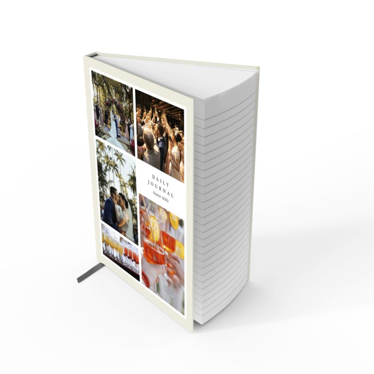 Wedding-themed personalised notebook design with four photos for customisation, portrait orientation.