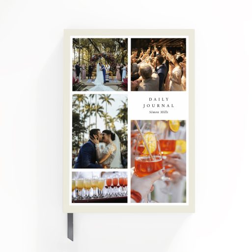 Wedding-themed personalised notebook design with four photos for customisation, portrait orientation.