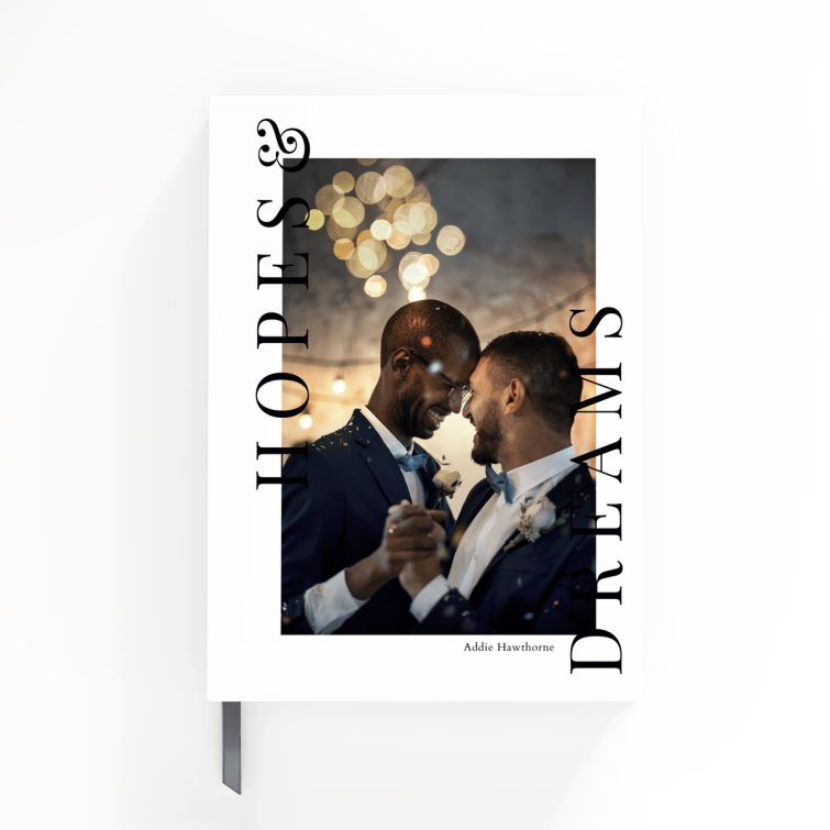 Romantic wedding-themed portrait orientation notebook cover design with one photo and stylish text.