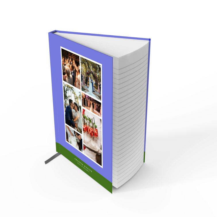 Colourful portrait notebook design featuring six photos on a full cover spread for weddings and other celebrations.