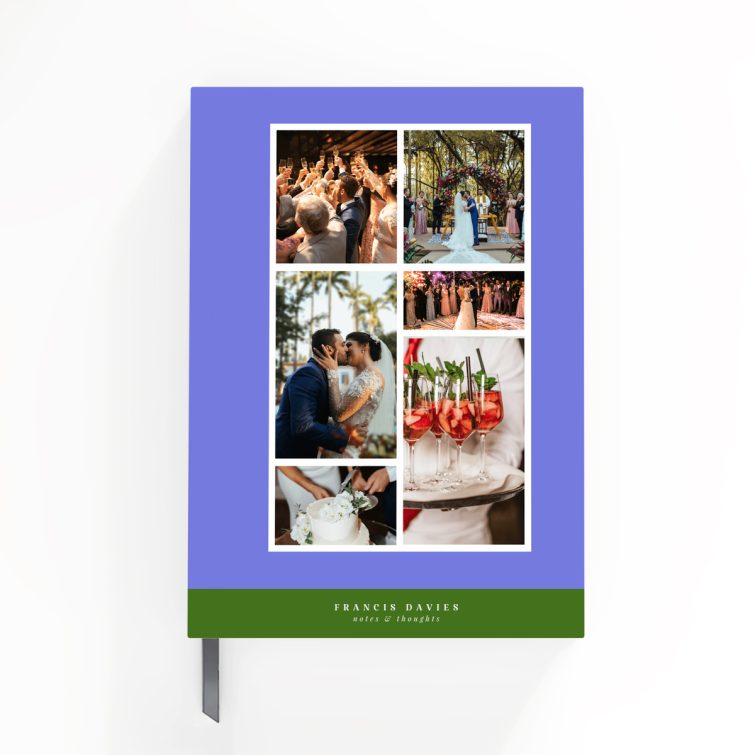 Colourful portrait notebook design featuring six photos on a full cover spread for weddings and other celebrations.