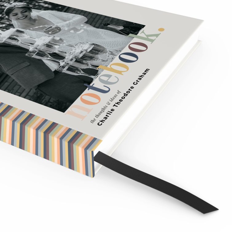 Colourful striped custom notebook design with one photo on the front cover.