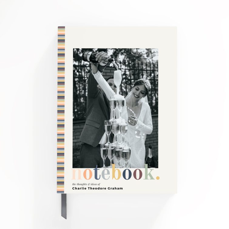 Colourful striped custom notebook design with one photo on the front cover.