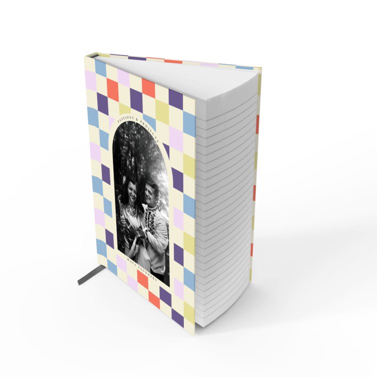 Colourful portrait notebook cover design with one photo, printed and folded by Utterly Printable.