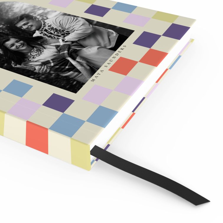 Colourful portrait notebook cover design with one photo, printed and folded by Utterly Printable.