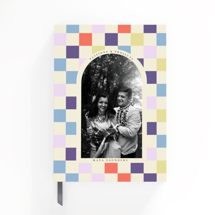 Colourful portrait notebook cover design with one photo, printed and folded by Utterly Printable.