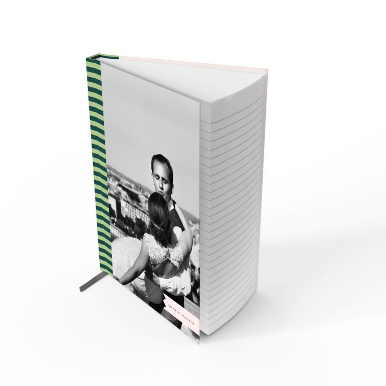 Elegant notebook cover design featuring stripes and two photos, ideal for personalised printing by Utterly Printable.