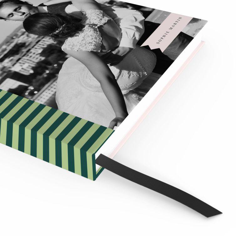 Elegant notebook cover design featuring stripes and two photos, ideal for personalised printing by Utterly Printable.