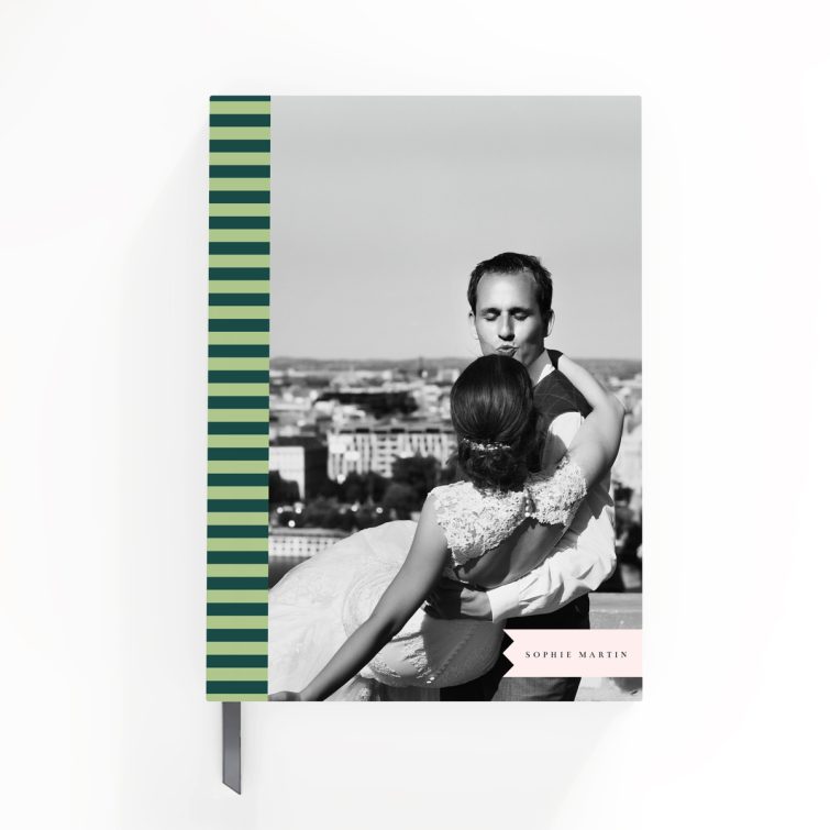 Elegant notebook cover design featuring stripes and two photos, ideal for personalised printing by Utterly Printable.