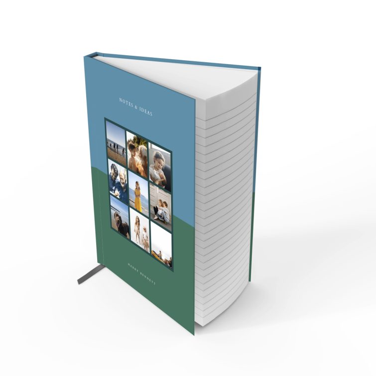 Notebooks design with nine photos collage and green-blue cover by Utterly Printable.