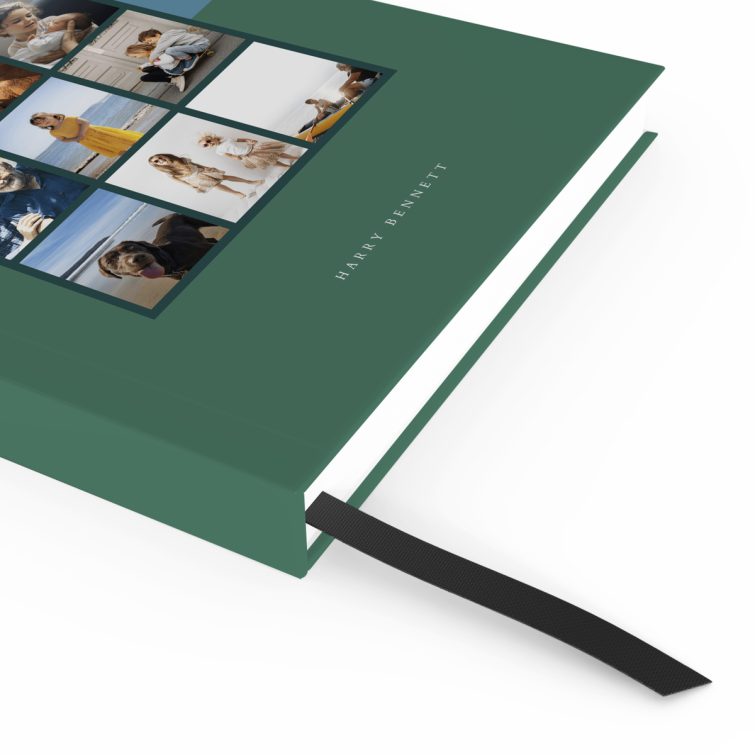 Notebooks design with nine photos collage and green-blue cover by Utterly Printable.