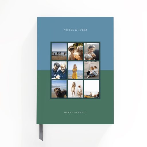 Notebooks design with nine photos collage and green-blue cover by Utterly Printable.