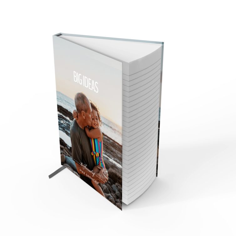 Portrait orientation notebook cover design with one photo by the ocean, personalised by Utterly Printable.