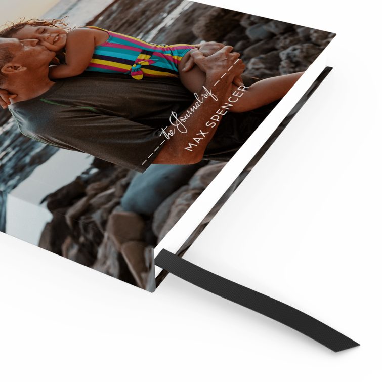 Portrait orientation notebook cover design with one photo by the ocean, personalised by Utterly Printable.