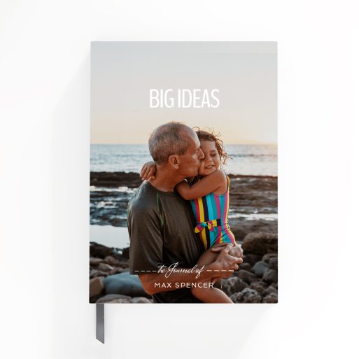 Portrait orientation notebook cover design with one photo by the ocean, personalised by Utterly Printable.