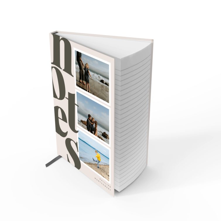 Customisable portrait notebook cover design with three placeholder photos, ideal for personalisation by Utterly Printable.