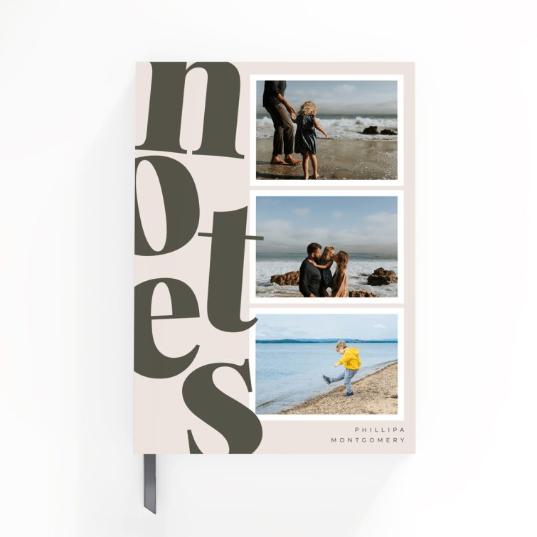 Customisable portrait notebook cover design with three placeholder photos, ideal for personalisation by Utterly Printable.