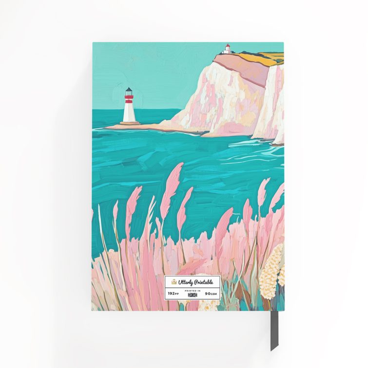 Colourful landscape design hardcover notebook with coastal scenery and two lighthouses.