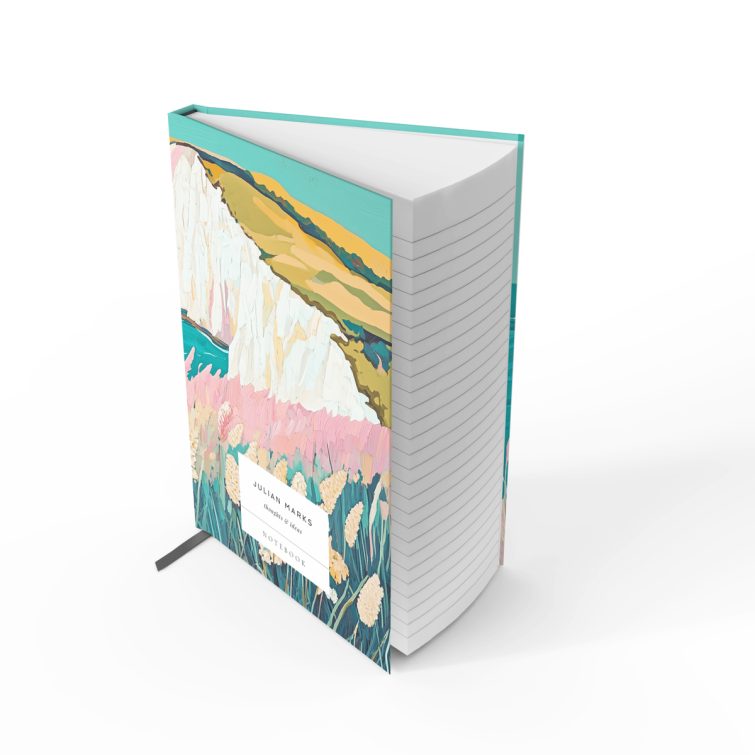 Colourful landscape design hardcover notebook with coastal scenery and two lighthouses.