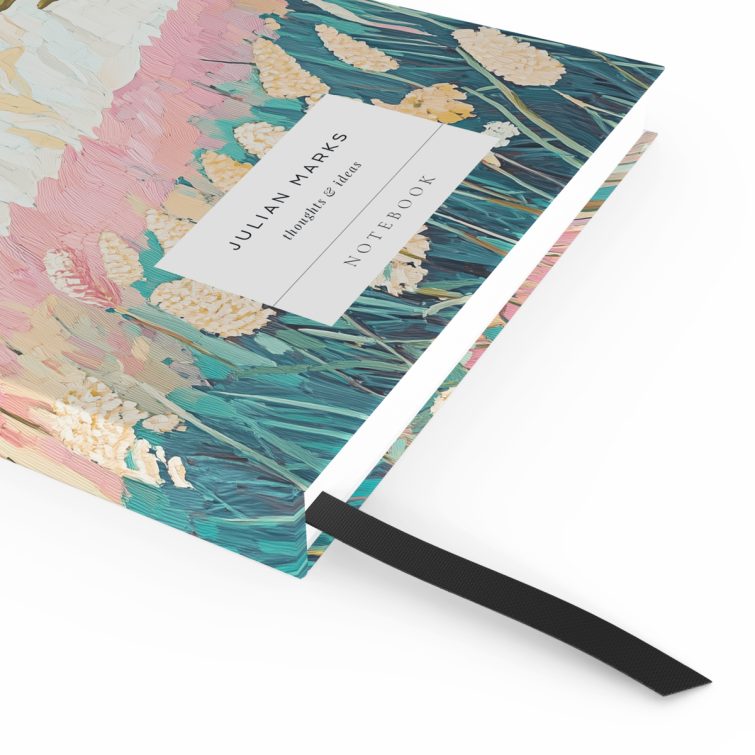 Colourful landscape design hardcover notebook with coastal scenery and two lighthouses.