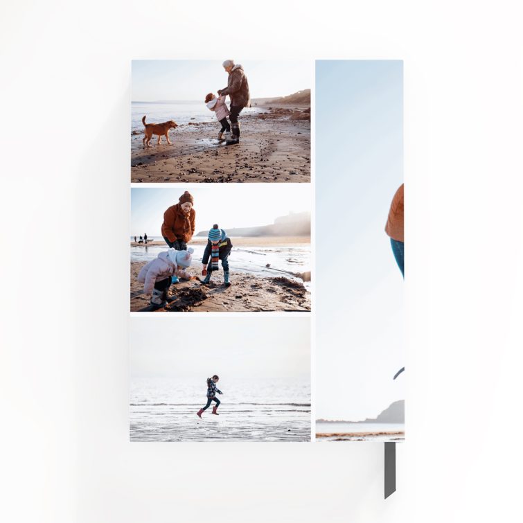 Custom portrait notebook design with three beach-themed photos on the full cover spread.