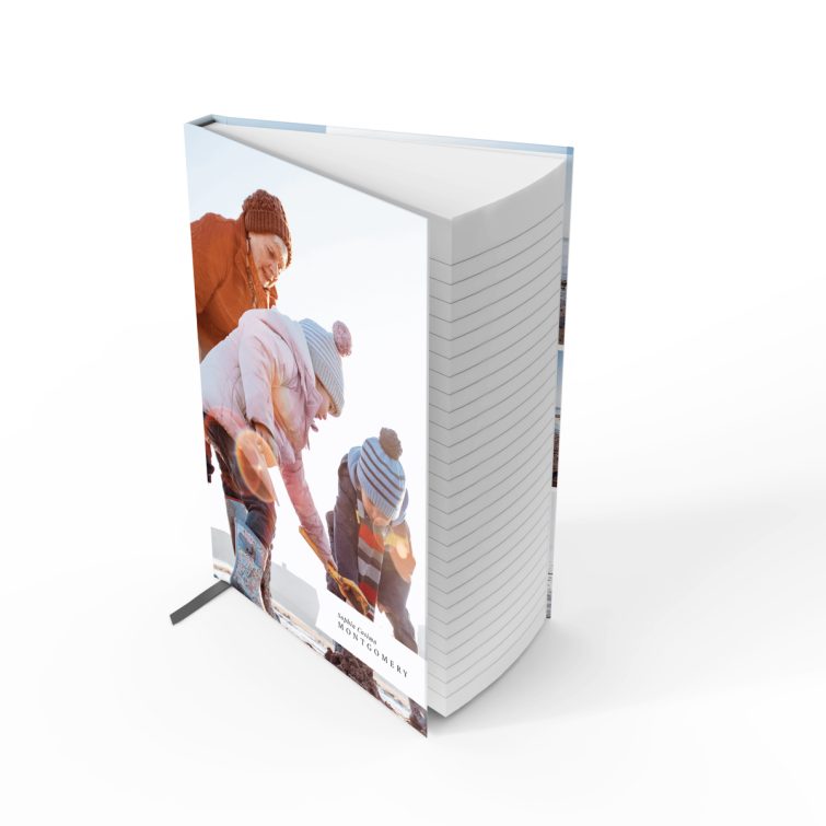 Custom portrait notebook design with three beach-themed photos on the full cover spread.