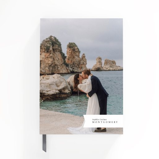 Elegant wedding-themed notebook cover design with four photos, featuring a couple by the sea.