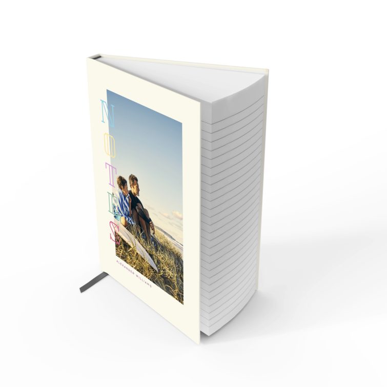 Portrait orientation notebook design with one cover photo and colourful text.