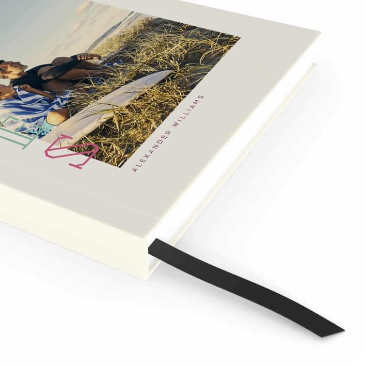 Portrait orientation notebook design with one cover photo and colourful text.