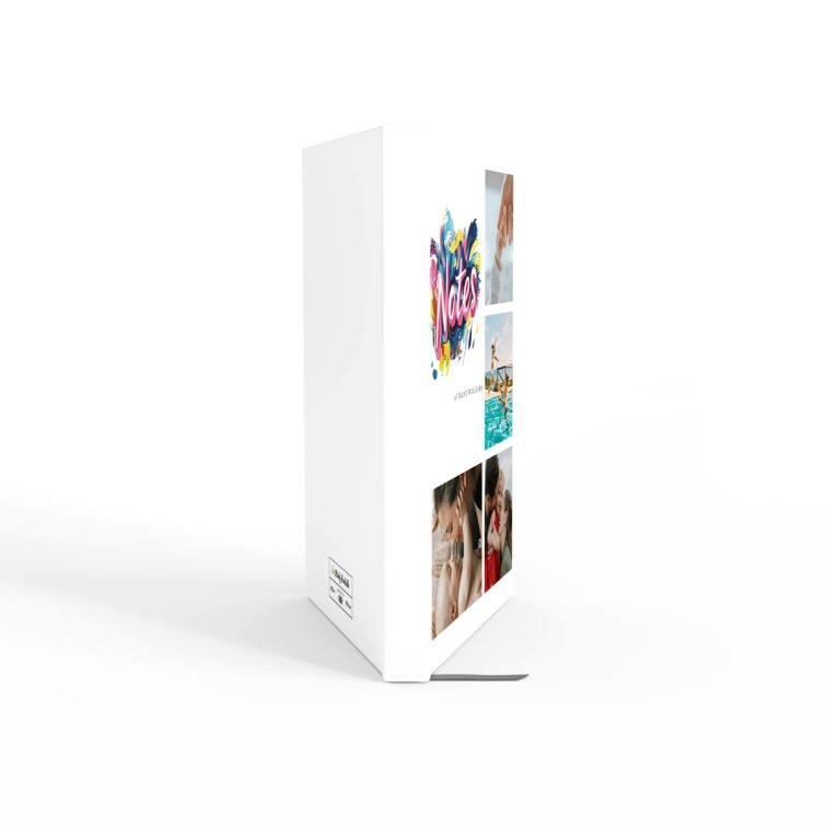 Colourful personalised notebook design featuring five photos on the cover spread.