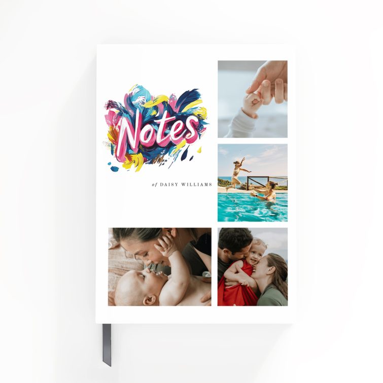 Colourful personalised notebook design featuring five photos on the cover spread.