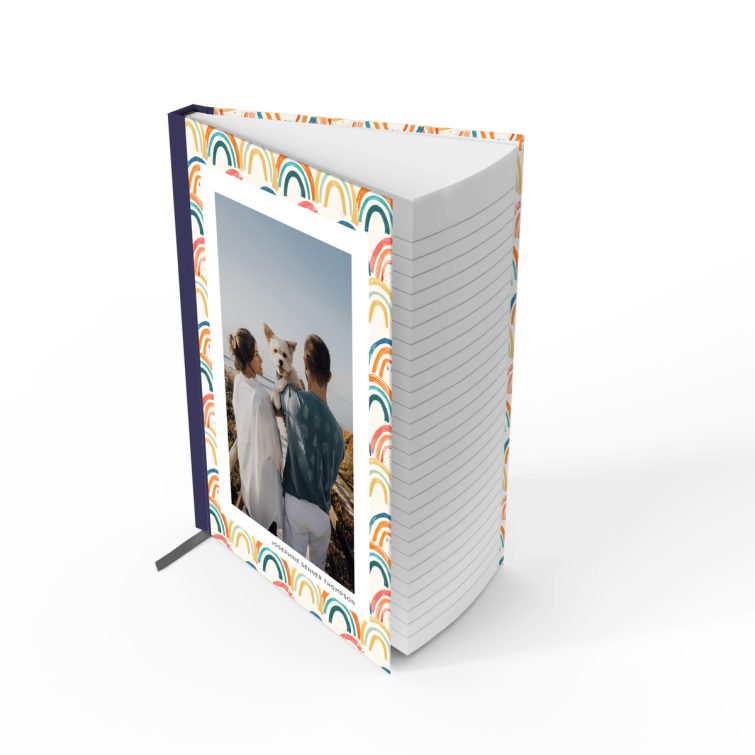 Colourful rainbow pattern notebook cover design with one photo feature.