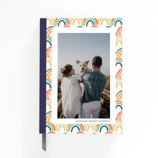 Colourful rainbow pattern notebook cover design with one photo feature.