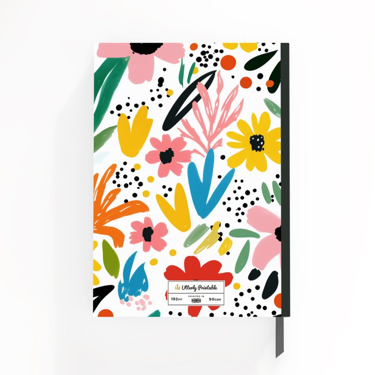 Floral notebook design with colourful flowers, featuring one photo on the back cover, ideal for personalisation by Utterly Printable.