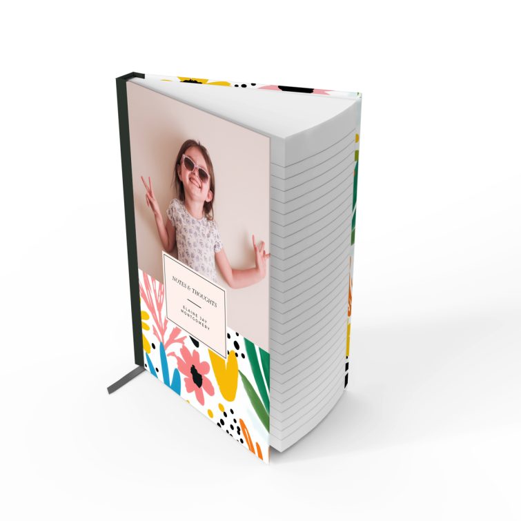 Floral notebook design with colourful flowers, featuring one photo on the back cover, ideal for personalisation by Utterly Printable.