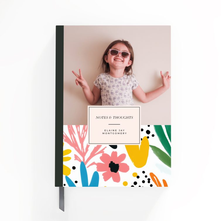 Floral notebook design with colourful flowers, featuring one photo on the back cover, ideal for personalisation by Utterly Printable.