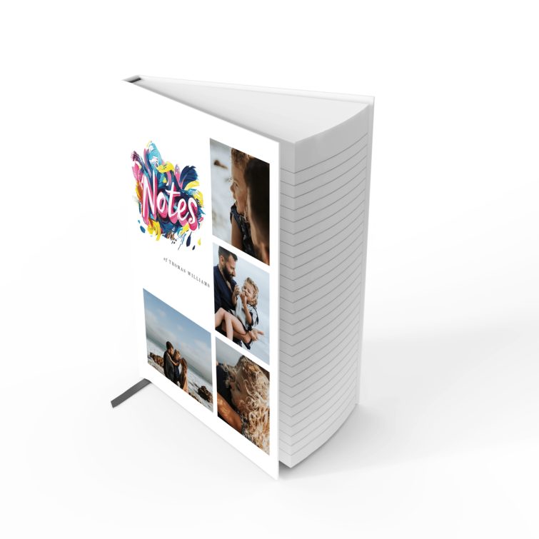 Colourful portrait notebook cover design with four photos on the back, created by Utterly Printable.