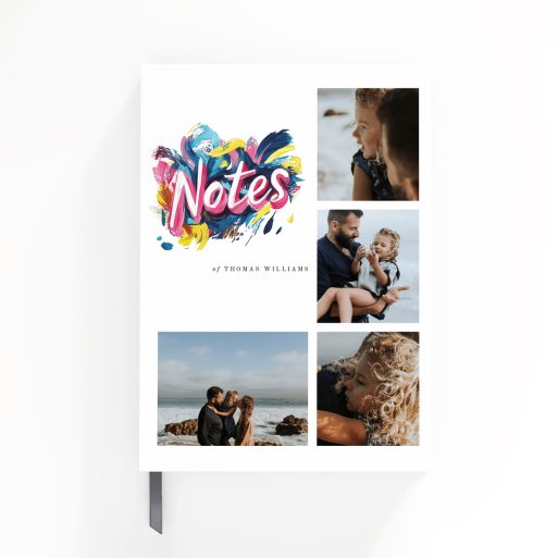 Colourful portrait notebook cover design with four photos on the back, created by Utterly Printable.