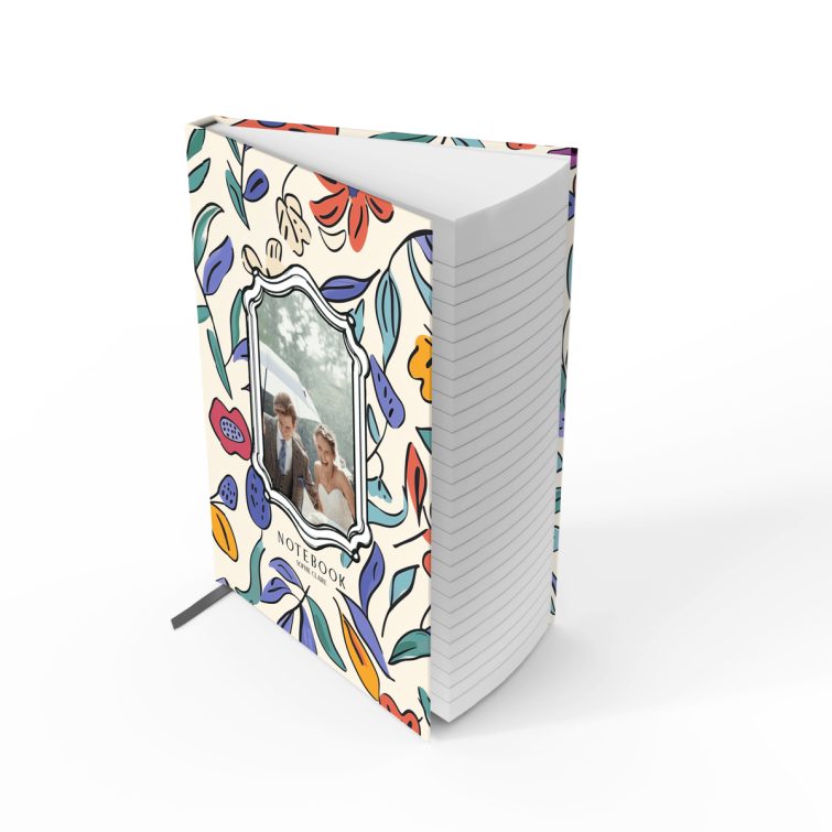 Floral illustrated notebook cover with one photo placeholder, designed by Utterly Printable.