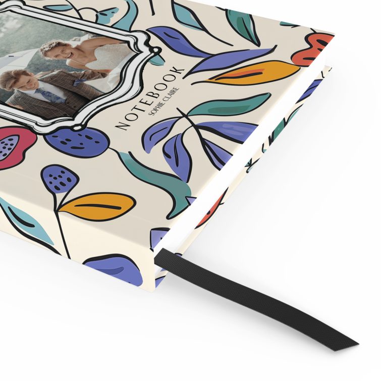 Floral illustrated notebook cover with one photo placeholder, designed by Utterly Printable.