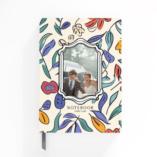 Floral illustrated notebook cover with one photo placeholder, designed by Utterly Printable.