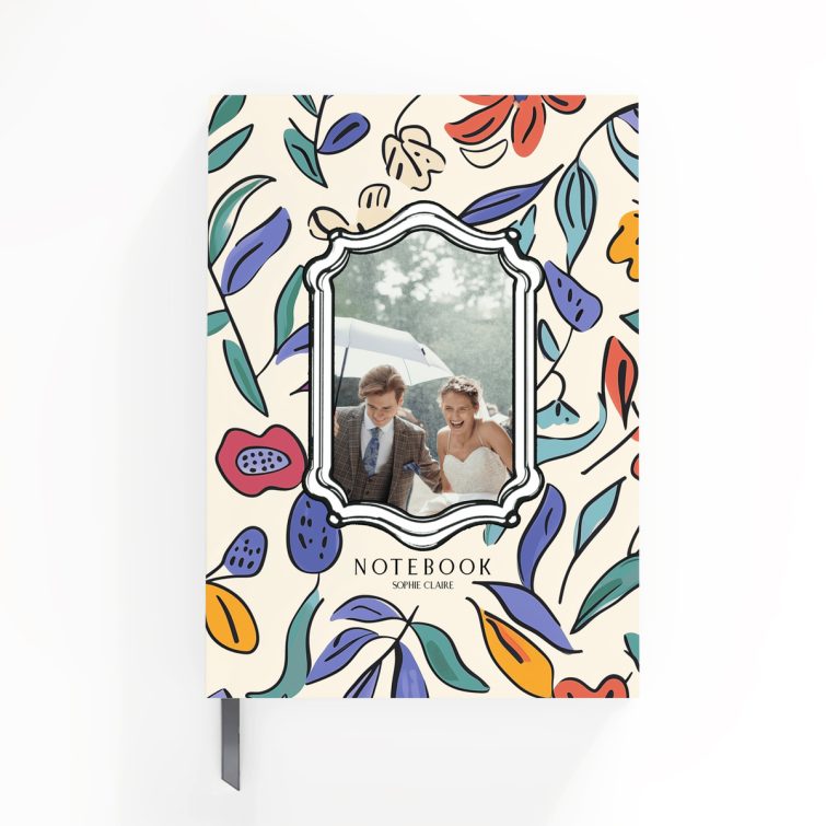 Floral illustrated notebook cover with one photo placeholder, designed by Utterly Printable.