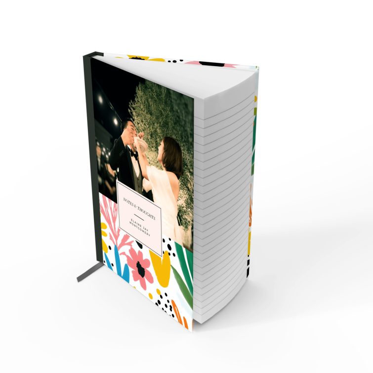 Colourful floral design notebook cover with one photo on the back, created by Utterly Printable for personalized stationery.