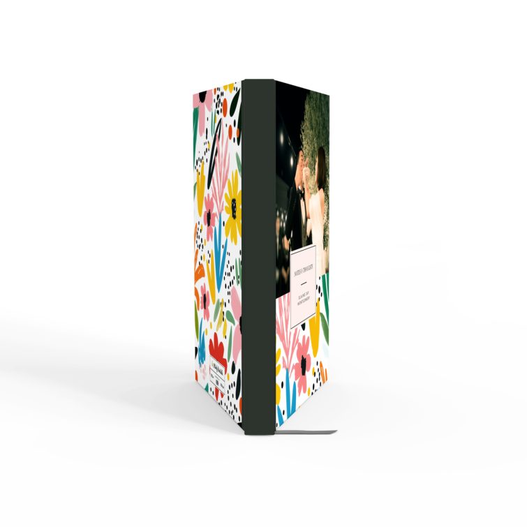 Colourful floral design notebook cover with one photo on the back, created by Utterly Printable for personalized stationery.