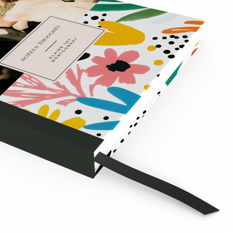 Colourful floral design notebook cover with one photo on the back, created by Utterly Printable for personalized stationery.