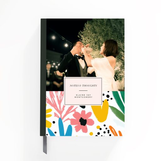 Colourful floral design notebook cover with one photo on the back, created by Utterly Printable for personalized stationery.